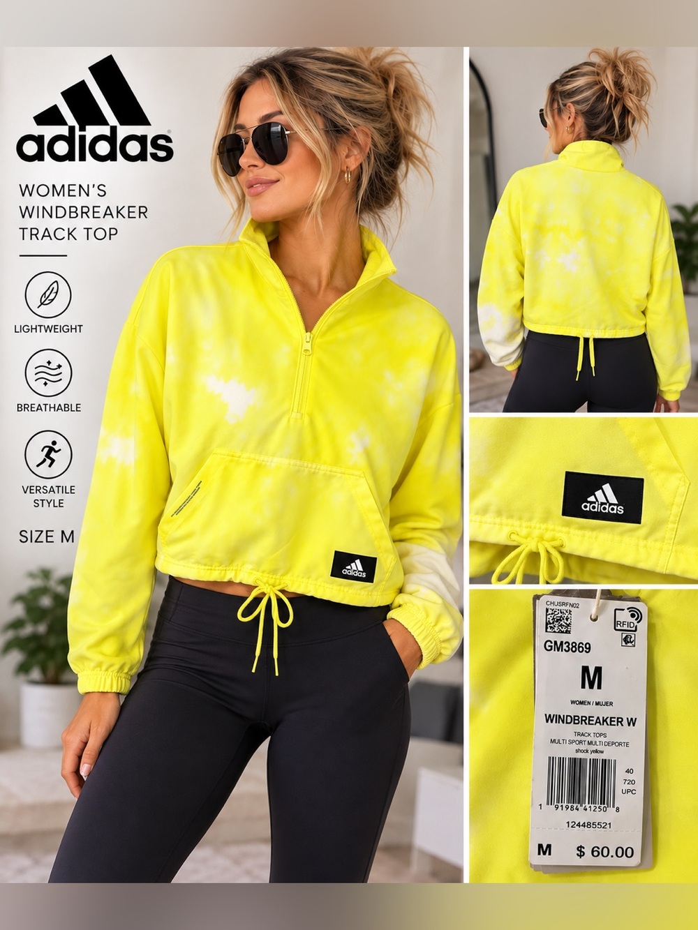 adidas Women's Neon Yellow Tie-Dye Cropped Windbreaker, Size M  NWT
